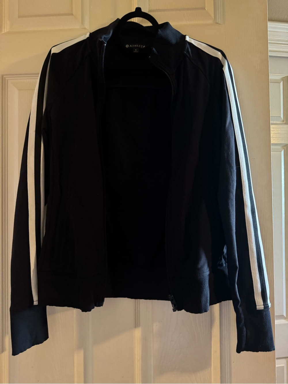 Athleta Black Bomber Jacket with White Sleeve Stripes